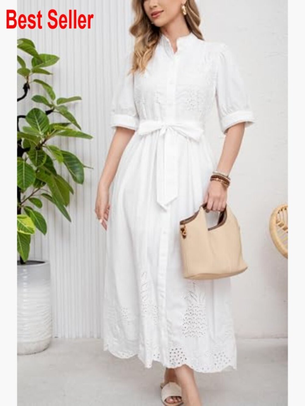 Embroidered Eyelet Cotton Shirt Dress with Belt Puff Sleeve Boho Maxi - Picture 7 of 7